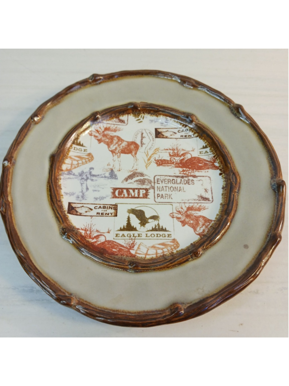 VTG New Home Studio Lake Cabin Moose Canoe Fish 6" Round Side Plate VHTF